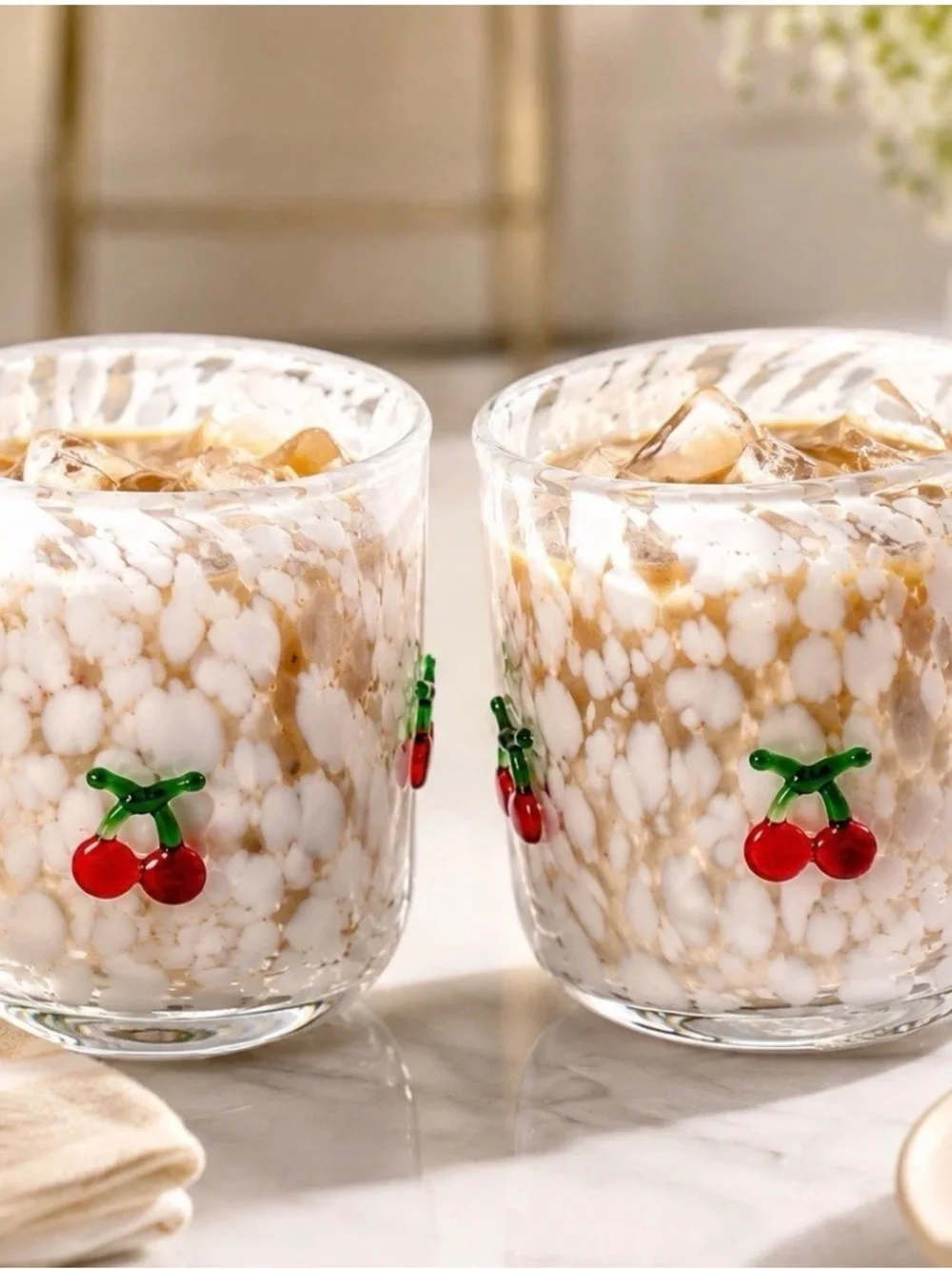 Hand Blown Cherry Art Glass Tumblers Set of 2 White Confetti Cups